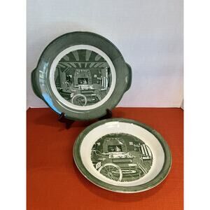 Royal Colonial Homestead Handled 11-1/2" Cake Plate & 10" Pie Plate Green USA